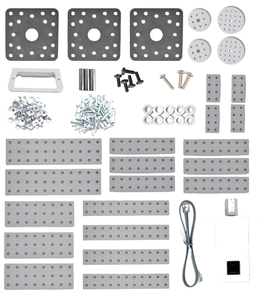 FlexForge Basic parts laid out: square motor plates, gears, brackets, beams of several lengths, screws, nuts and a motor with its cable