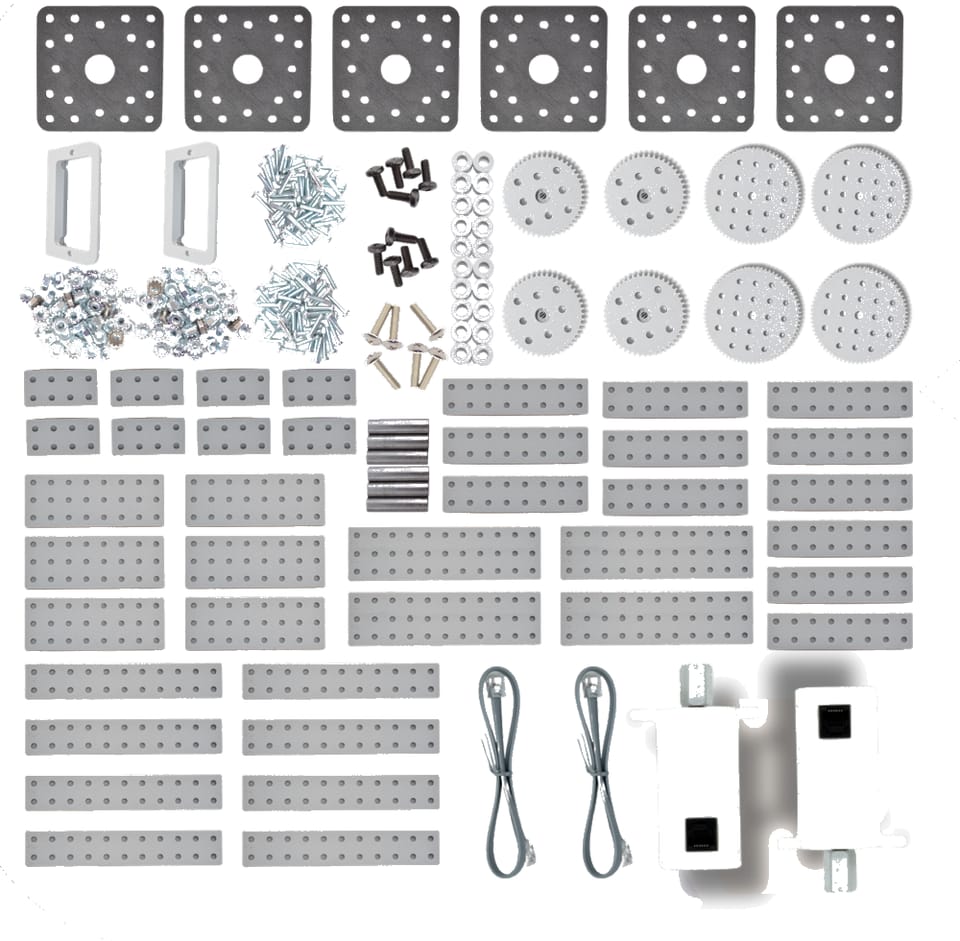 FlexForge Enhanced parts laid out: square motor plates, gears, brackets, axles, many beams and plates of several lengths, screws, nuts and motors with their cables