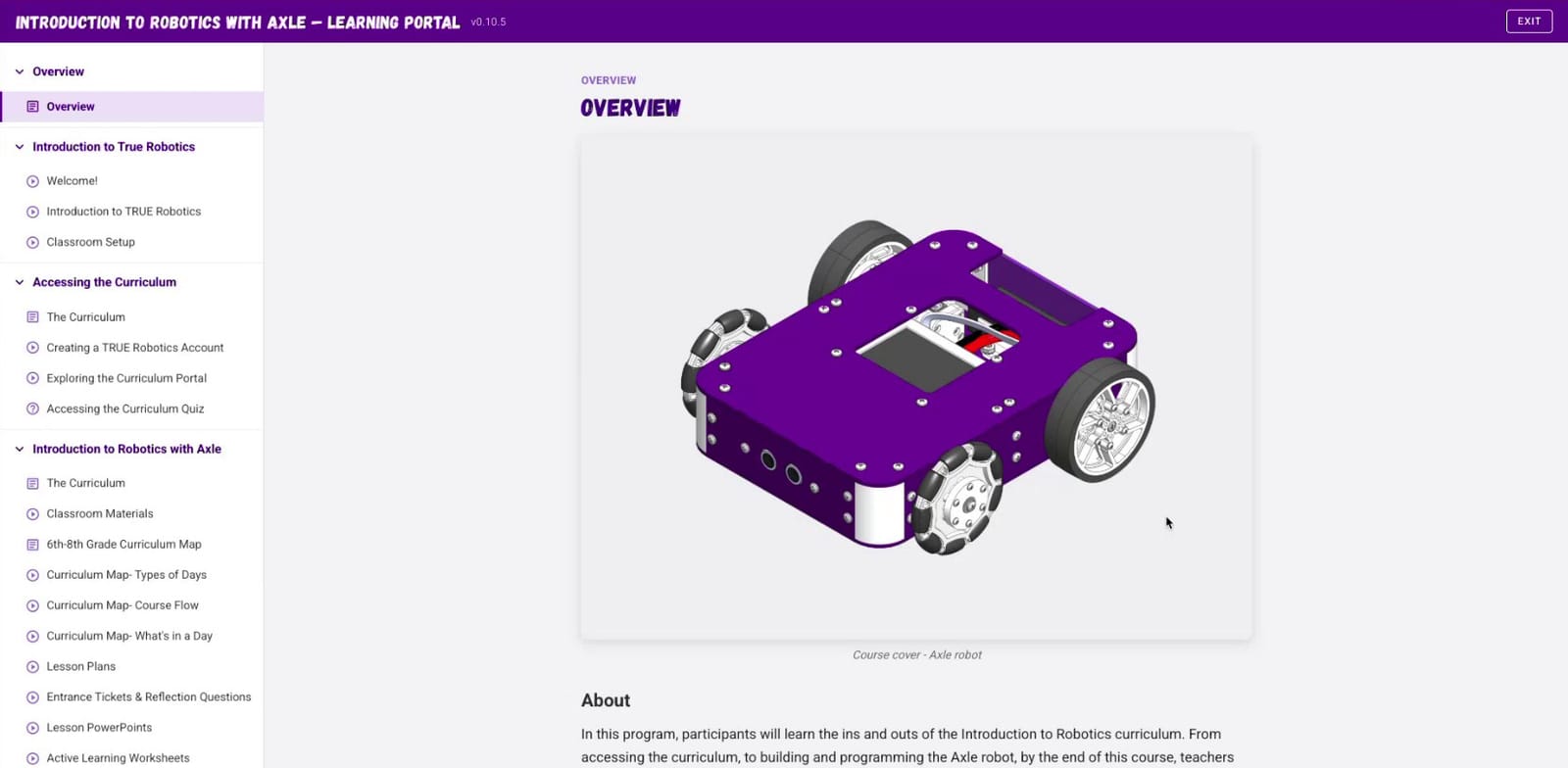 Our Learning Portal for Introduction to Robotics with Axle, with the course outline on the left and the course overview on the right