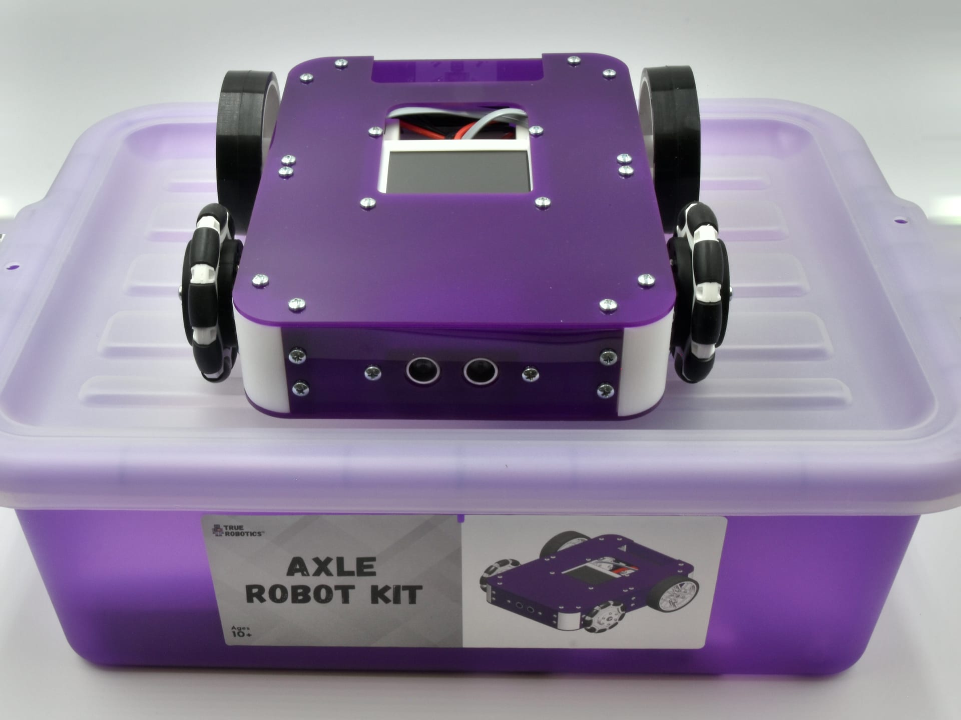 An assembled Axle Robot Kit sits on the lid of its purple kit box, labeled Axle Robot Kit
