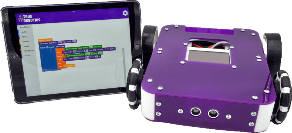 Axle Robot Kit for grades 6-8 next to a tablet running True Robotics Playground