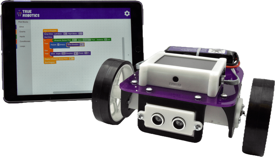 Pilot Robot Kit for grades 3-5 next to a tablet running True Robotics Playground