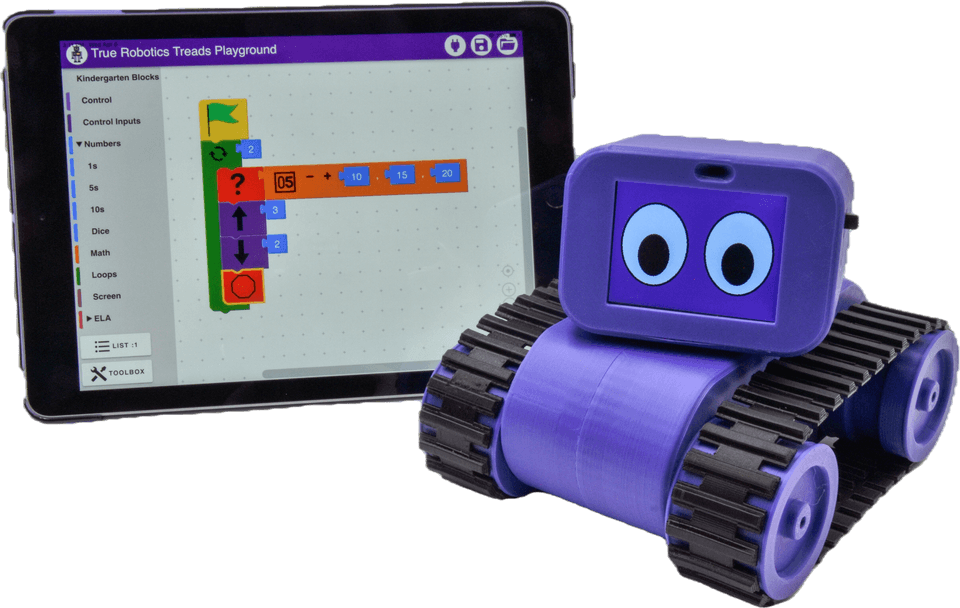 A tablet showing a picture block program for grades K-3 with number and math blocks in it, beside the Treads Robot.