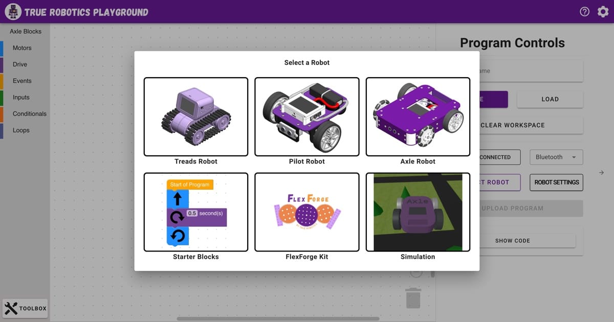 True Robotics Playground with the Select a Robot window open over the workspace, showing six tiles: Treads Robot, Pilot Robot, Axle Robot, Starter Blocks, FlexForge Kit, and Simulation.