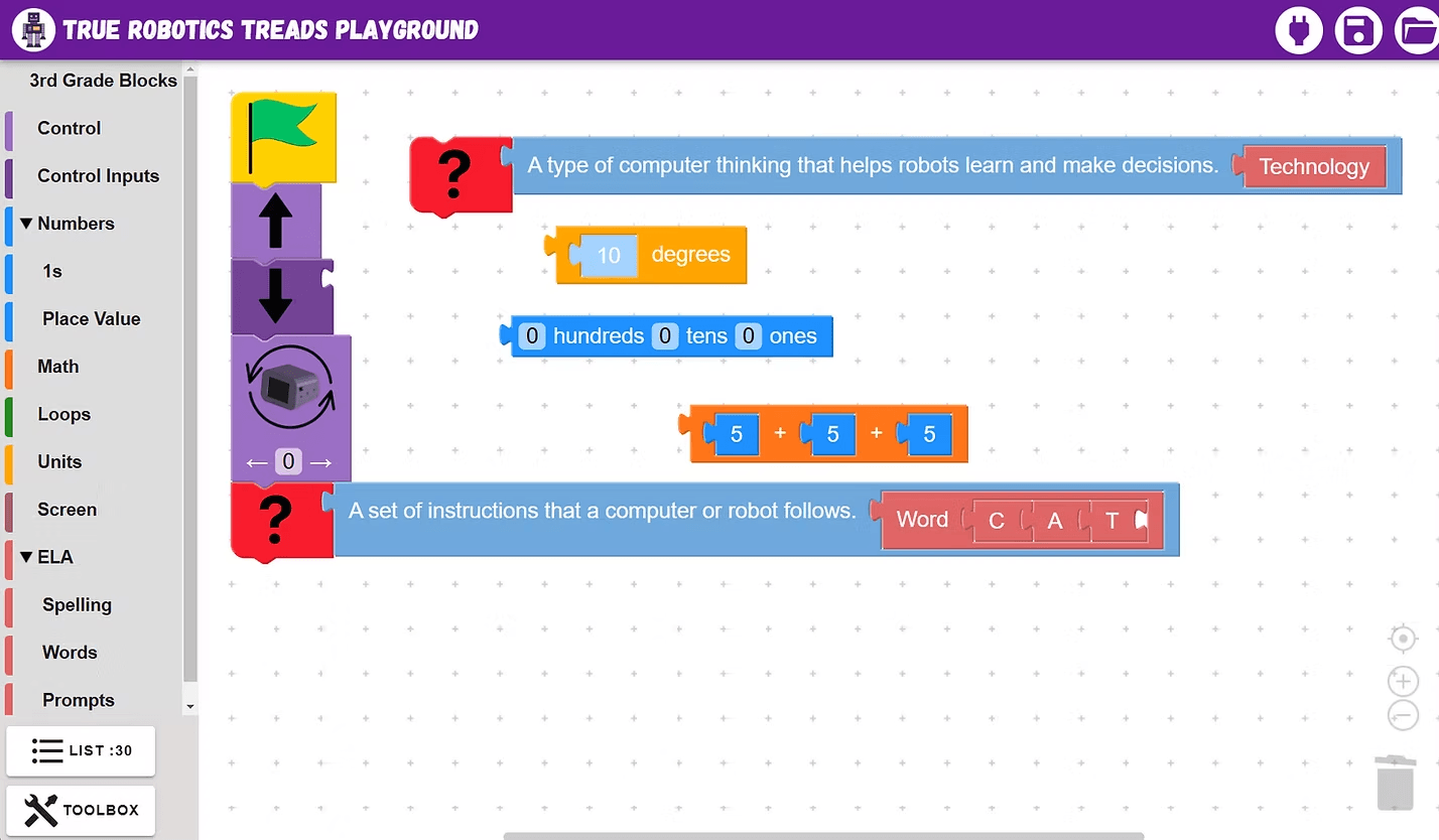 A program in True Robotics Playground built from arrow blocks, a place value block, and a word block
