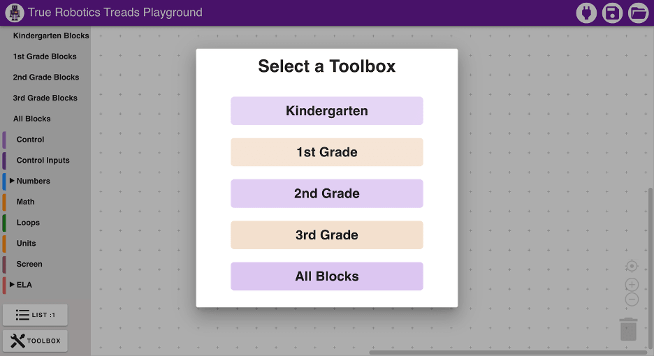 The picture block screen of True Robotics Playground for grades K to 3